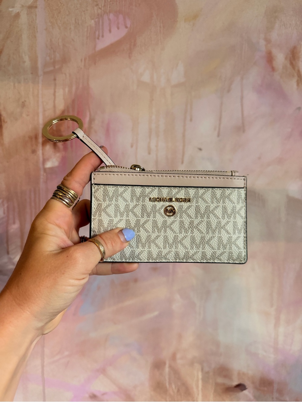 Michael Kors Beige Logo Card Wallet with Key Ring